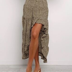 Women's High Low Boho Floral Ruffle Maxi Skirt Coffee Brown